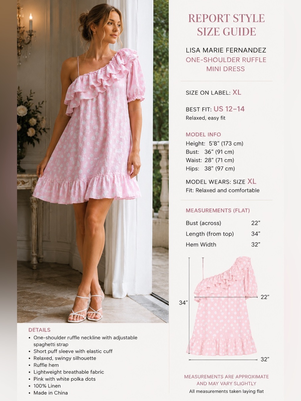 Lisa Marie Fernandez Pink Polka Dot Beach Dress XL Linen BOHO One Shoulder LUXE